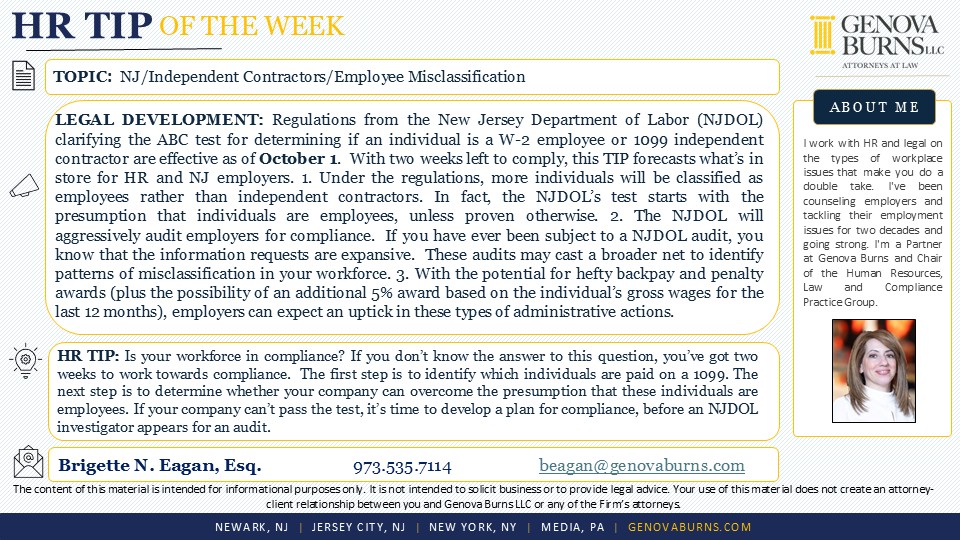 HR Tip of the Week: If the NJDOL reviewed your independent contractor relationships tomorrow, what would it find?  